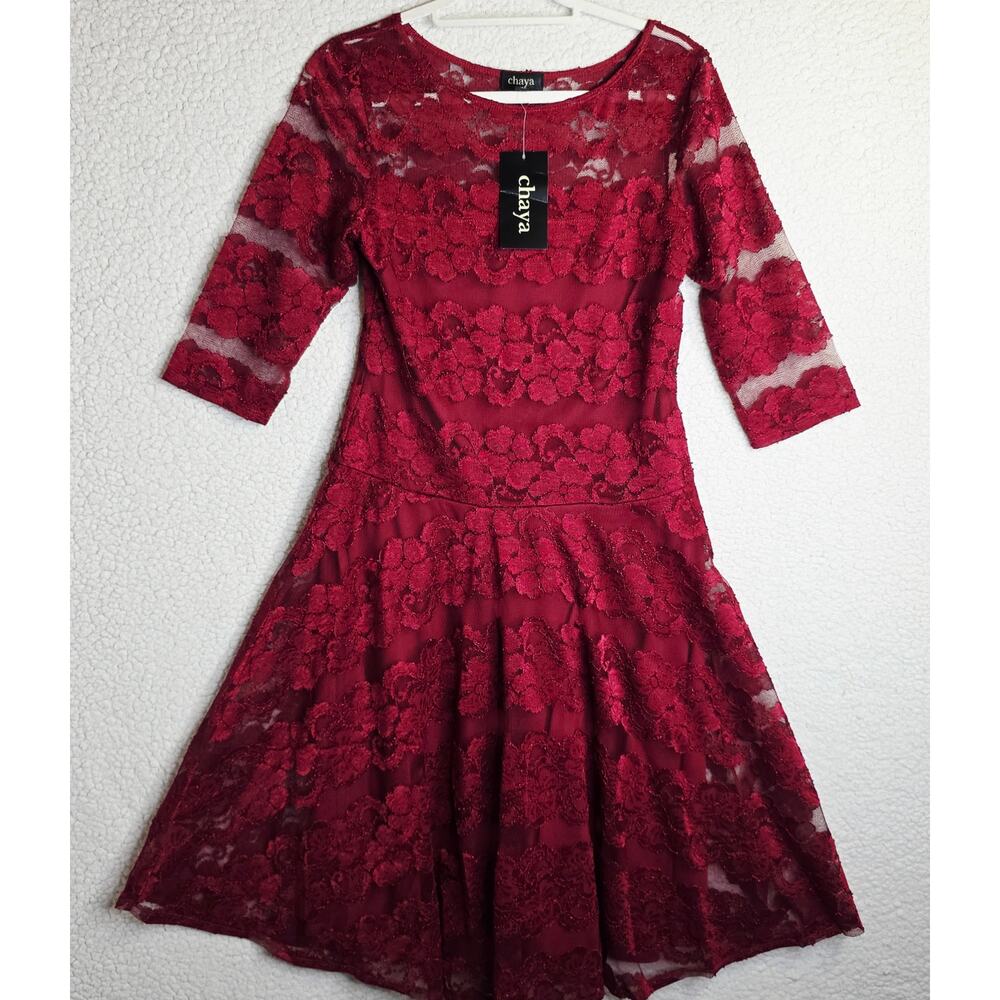Chaya NWT Red‎ Lacey Sheer  Burgundy Wine Sz10P FitnFlare 3/4 sleeve Sexy dress